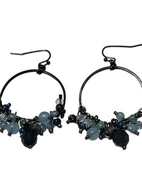 Handcrafted Beaded Hoop Earrings Blue Black Glass Accents Fashion Jewelry Women